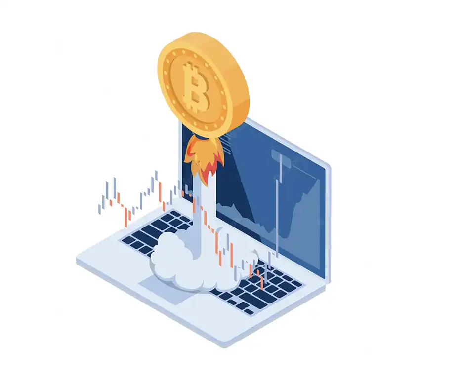 Um computador apresentando velas de trading com o bitcoin voando para cima